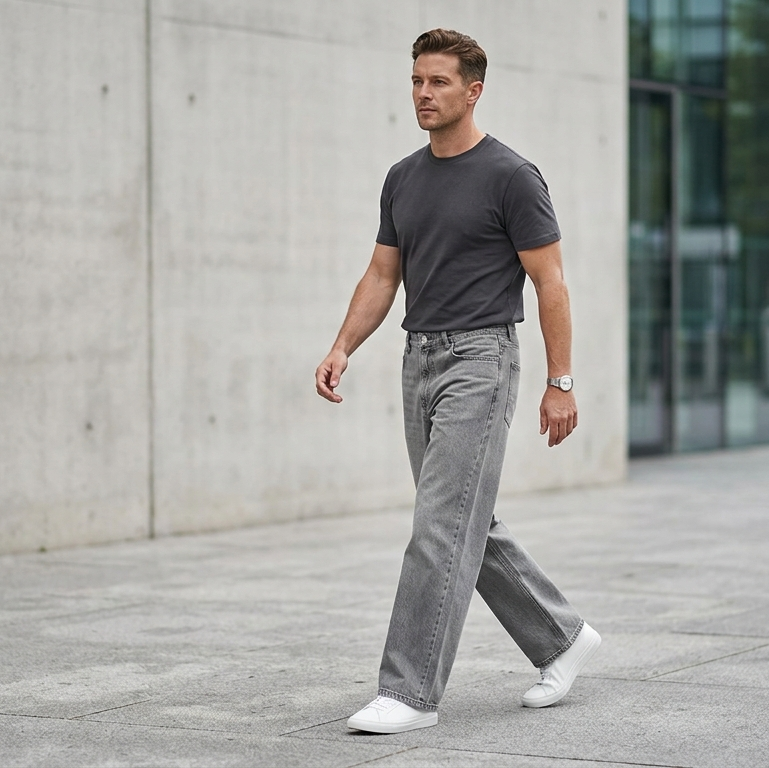 The Wide jean in Stone Grey — walking view on model