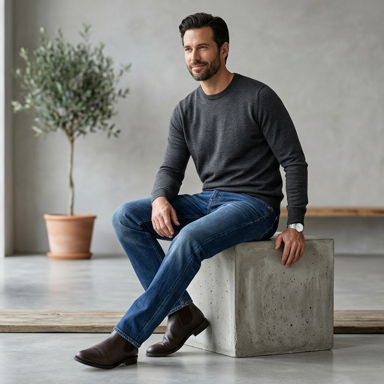 The Straight jean in Original Indigo — sitting view on model