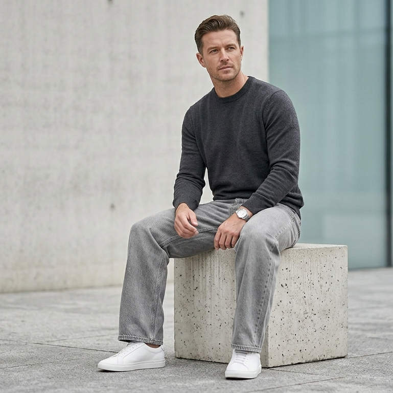 The Wide jean in Stone Grey — sitting view on model