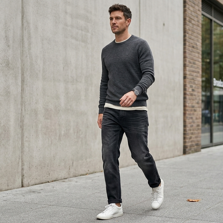 The Relaxed jean in Washed Black — walking view on model