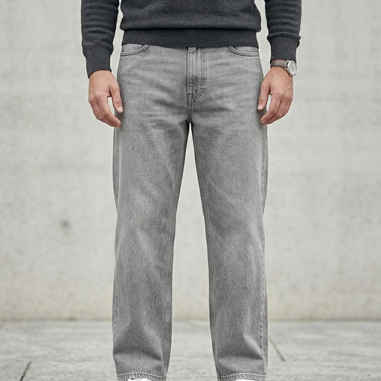 The Wide jean in Stone Grey — detail view on model