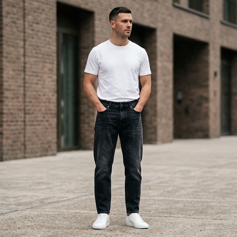 The Relaxed jean in Washed Black — front view on model