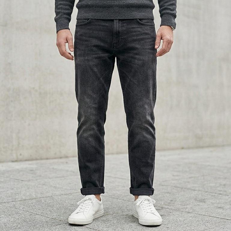 The Relaxed jean in Washed Black — front close-up view on model