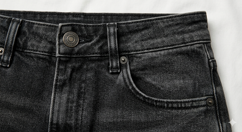 The Relaxed jean in Washed Black — detail view on model