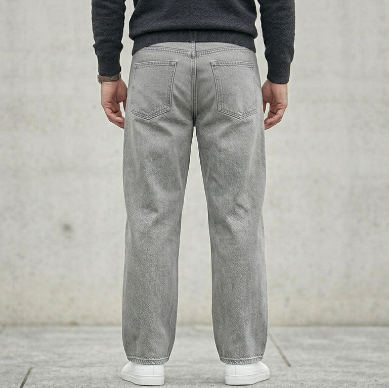 The Wide jean in Stone Grey — back view on model