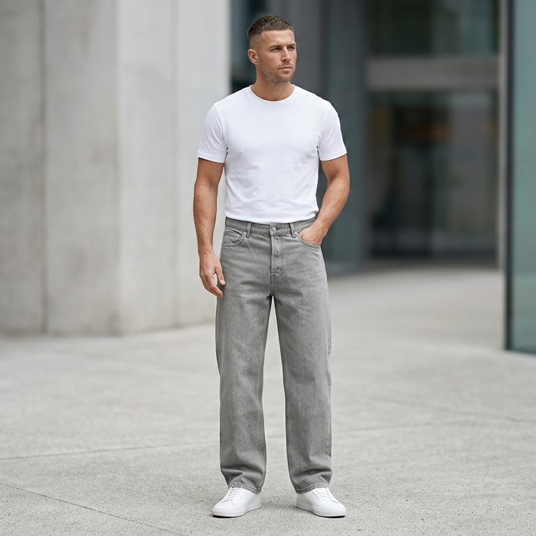 The Wide jean in Stone Grey — front view on model